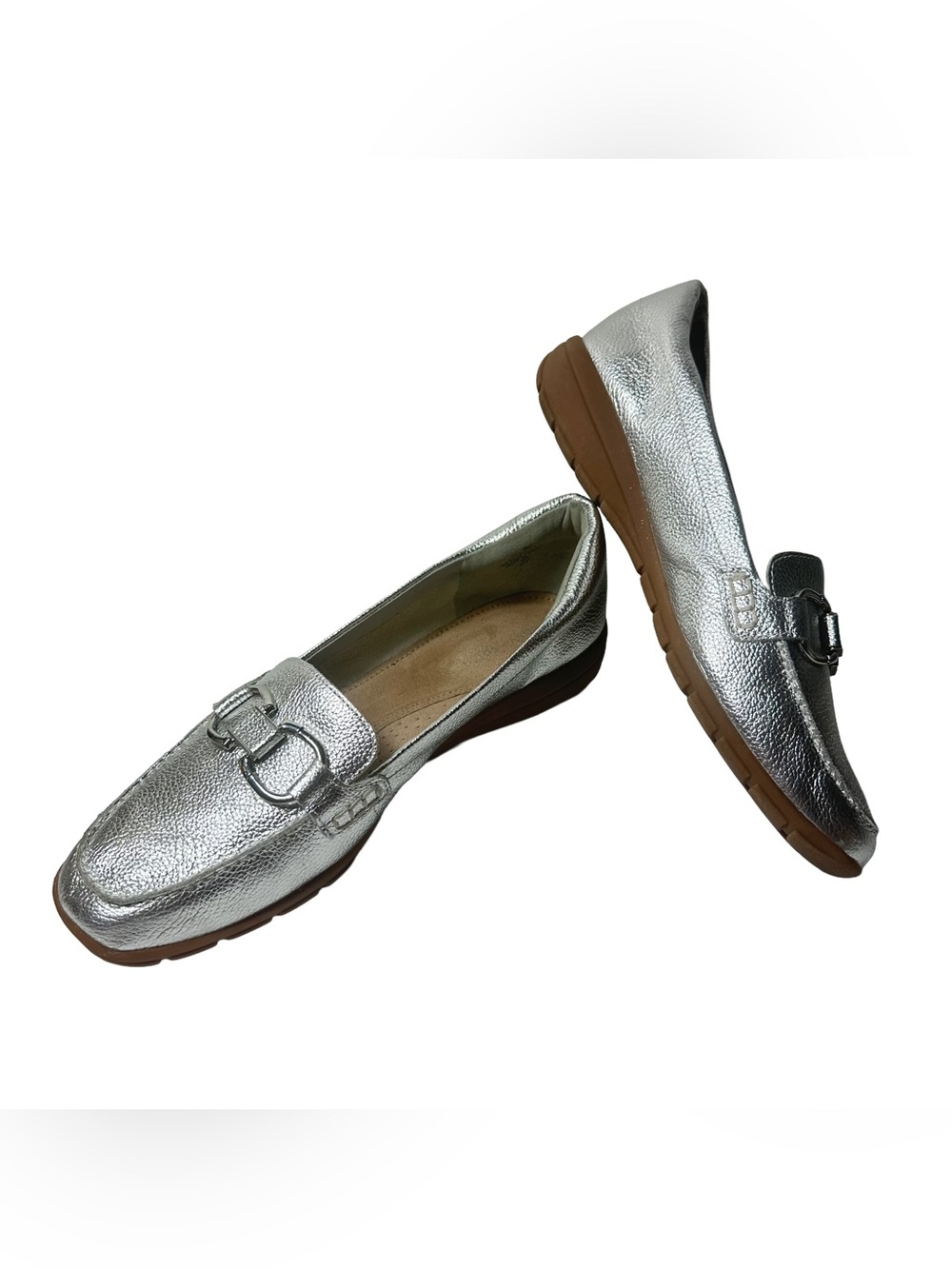 Easy Spirit Seavienta Silver Leather Loafers Horse Bit Womens 9 Metallic Comfort